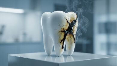A photorealistic conceptual image depicting a pristine white tooth-like object being corrupted by a dark, smoky, tar-like substance, symbolizing the damaging effects of smoking on teeth.