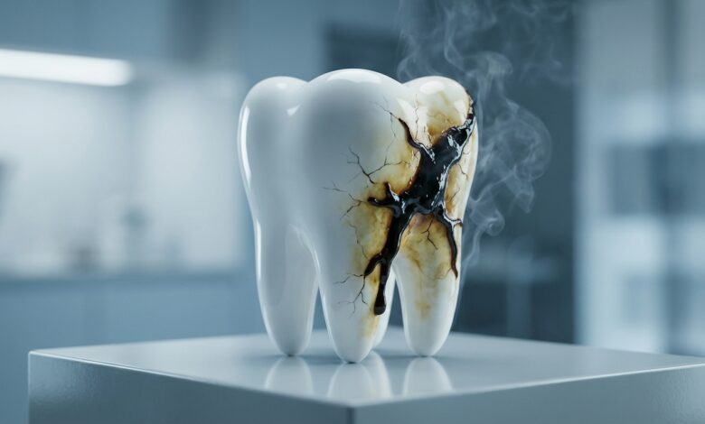 A photorealistic conceptual image depicting a pristine white tooth-like object being corrupted by a dark, smoky, tar-like substance, symbolizing the damaging effects of smoking on teeth.