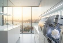 A photorealistic shot of an advanced CAD/CAM dental machine creating a crown in a clean, modern clinic. A large window in the background reveals a soft-focus, sunny view of Istanbul, Turkey.
