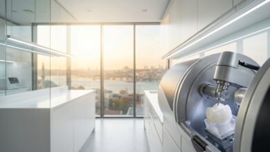 A photorealistic shot of an advanced CAD/CAM dental machine creating a crown in a clean, modern clinic. A large window in the background reveals a soft-focus, sunny view of Istanbul, Turkey.