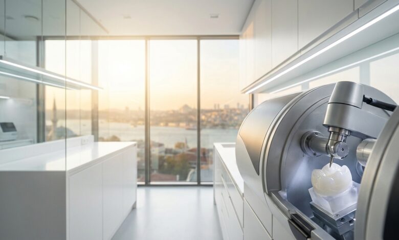 A photorealistic shot of an advanced CAD/CAM dental machine creating a crown in a clean, modern clinic. A large window in the background reveals a soft-focus, sunny view of Istanbul, Turkey.