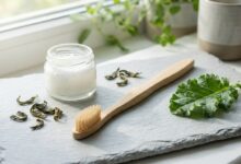 A minimalist still life of a bamboo toothbrush on a slate surface, surrounded by natural oral health ingredients including a jar of coconut oil, green tea leaves, and a fresh kale leaf, all in soft morning light.