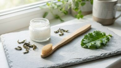 A minimalist still life of a bamboo toothbrush on a slate surface, surrounded by natural oral health ingredients including a jar of coconut oil, green tea leaves, and a fresh kale leaf, all in soft morning light.