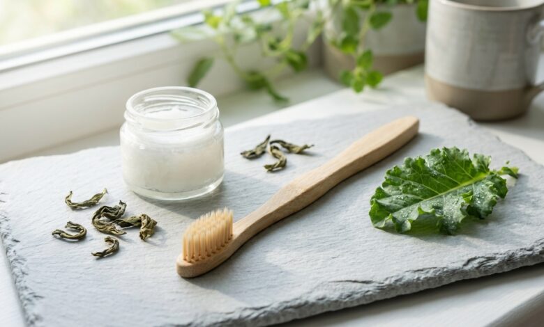 A minimalist still life of a bamboo toothbrush on a slate surface, surrounded by natural oral health ingredients including a jar of coconut oil, green tea leaves, and a fresh kale leaf, all in soft morning light.