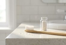 A photorealistic close-up of a soft-bristled toothbrush and dental floss resting on a clean, modern bathroom counter, symbolizing the tools for proper oral care to achieve healthy gums.