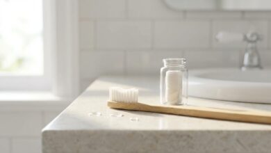 A photorealistic close-up of a soft-bristled toothbrush and dental floss resting on a clean, modern bathroom counter, symbolizing the tools for proper oral care to achieve healthy gums.