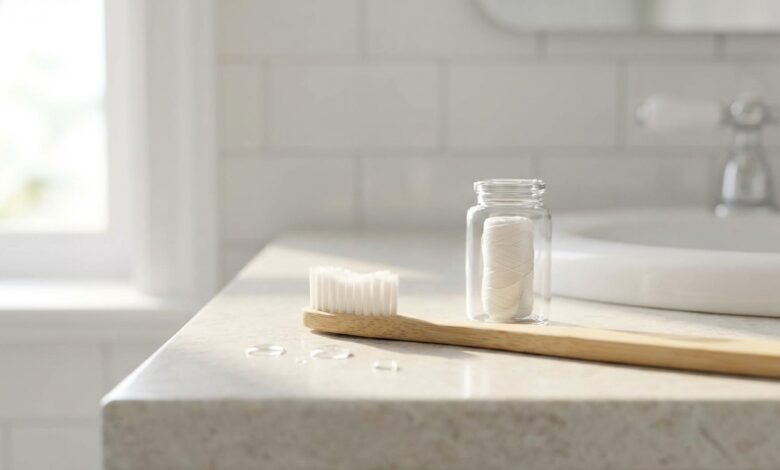 A photorealistic close-up of a soft-bristled toothbrush and dental floss resting on a clean, modern bathroom counter, symbolizing the tools for proper oral care to achieve healthy gums.