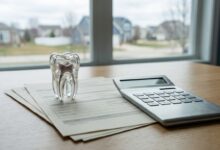 A clear tooth model sits on a desk next to a calculator and insurance forms, symbolizing the process of figuring out dental treatment costs in the USA.