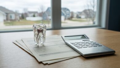 A clear tooth model sits on a desk next to a calculator and insurance forms, symbolizing the process of figuring out dental treatment costs in the USA.