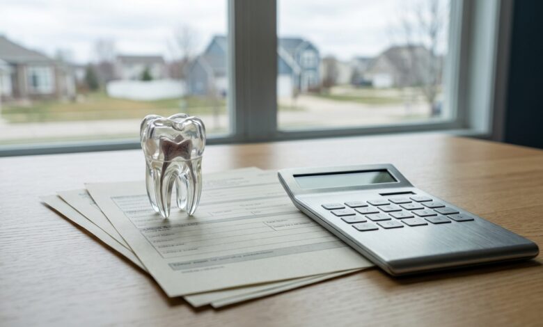 A clear tooth model sits on a desk next to a calculator and insurance forms, symbolizing the process of figuring out dental treatment costs in the USA.