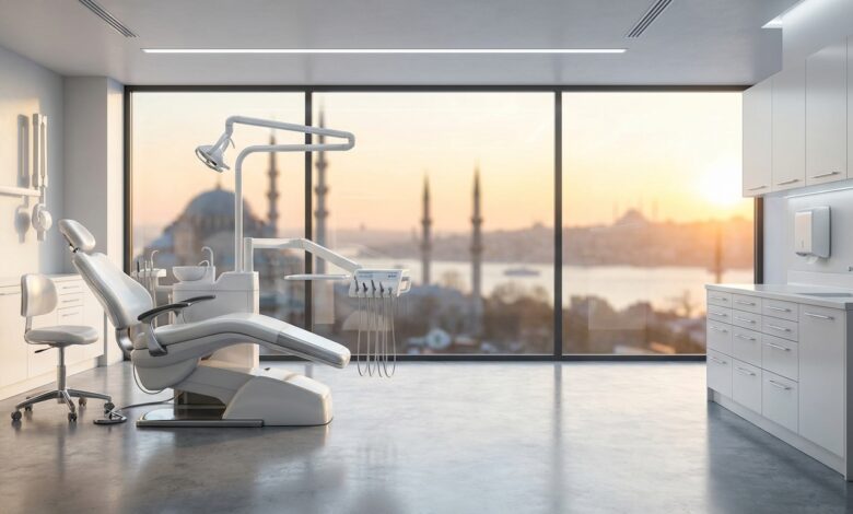 A pristine, modern dental clinic room featuring an advanced treatment chair, with a large window in the background showing a blurred, beautiful sunrise over the Istanbul, Turkey skyline. The scene signifies safe and high-quality dental tourism.