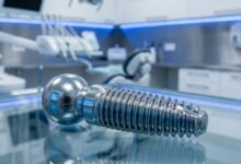 A close-up, photorealistic image of a small, screw-like mini dental implant made of titanium, set against a blurred, sterile clinical background.