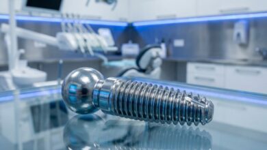 A close-up, photorealistic image of a small, screw-like mini dental implant made of titanium, set against a blurred, sterile clinical background.