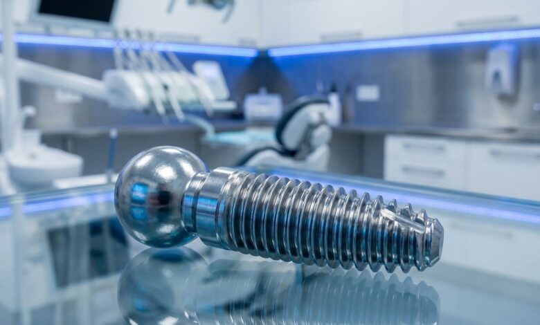 A close-up, photorealistic image of a small, screw-like mini dental implant made of titanium, set against a blurred, sterile clinical background.