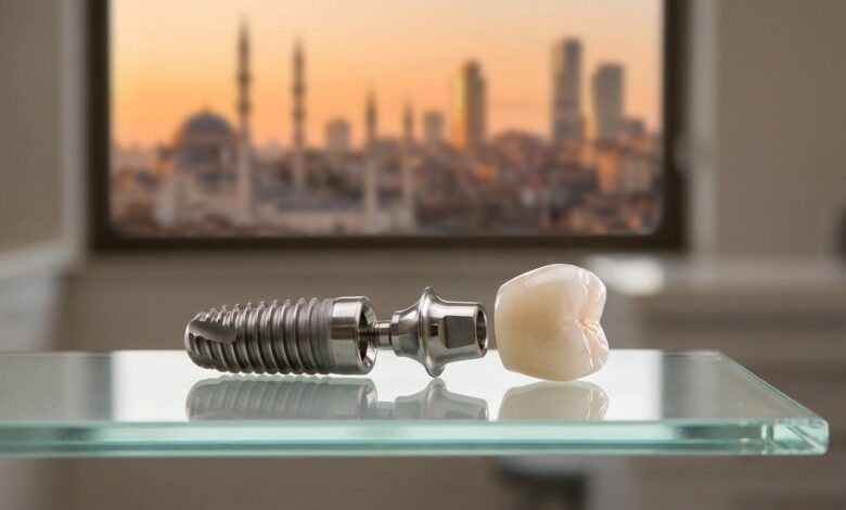 A photorealistic close-up of a complete dental implant model, including the titanium screw and porcelain crown, displayed on a sterile surface in a modern clinic. A blurred city skyline of Turkey is visible through a window in the background.