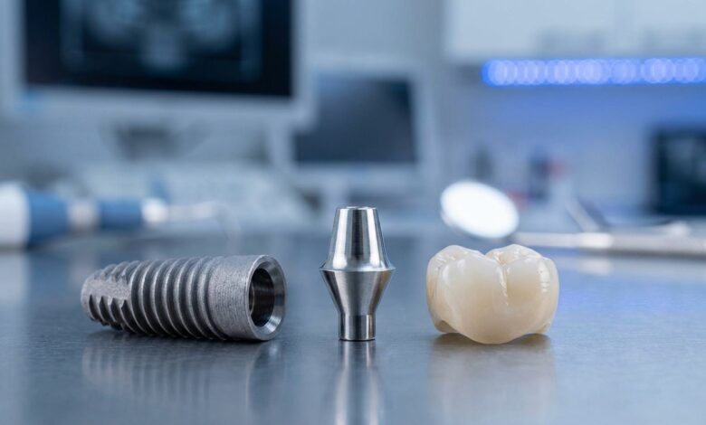 A highly detailed, photorealistic image showing the three parts of a single tooth dental implant—the titanium fixture, the abutment, and the ceramic crown—laid out on a clean surface in a modern dental setting.