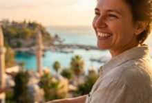 A close-up, side-profile shot of a person with a perfect, bright smile, standing on a balcony with a beautifully blurred background of a Turkish city and coastline at sunset.