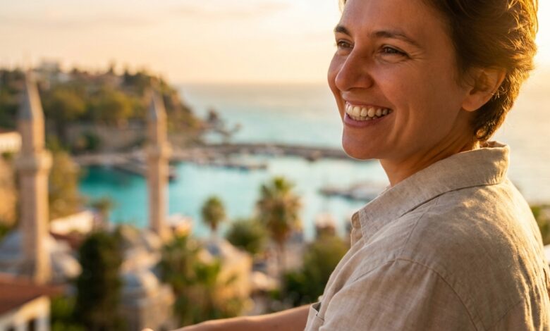 A close-up, side-profile shot of a person with a perfect, bright smile, standing on a balcony with a beautifully blurred background of a Turkish city and coastline at sunset.
