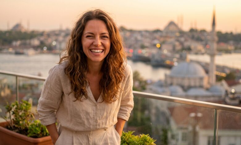 A happy woman with a perfect, bright smile stands on a sunny balcony, with the blurred skyline of Istanbul, Turkey, visible in the background, representing a successful dental tourism journey.