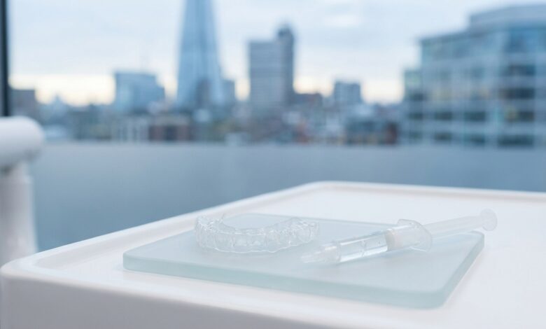 A photorealistic image of a professional teeth whitening kit with custom trays and a gel syringe on a sterile surface inside a modern dental clinic, with a blurred view of the London, UK skyline in the background.