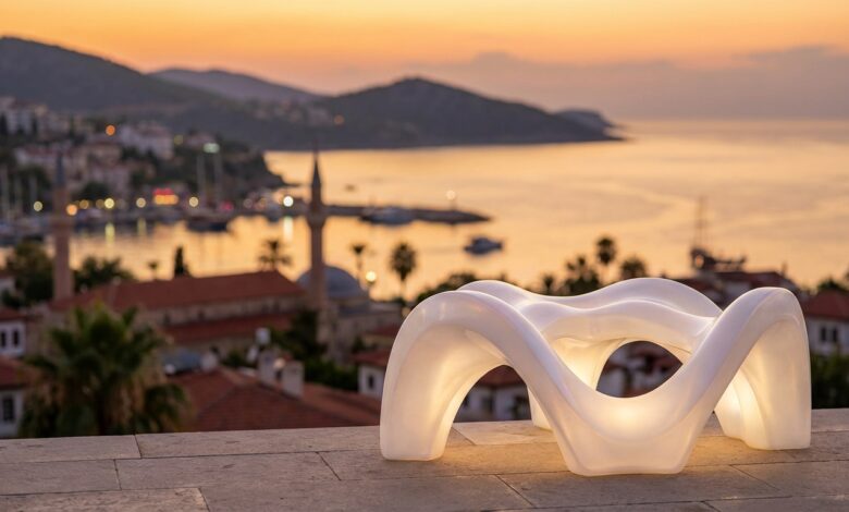 An abstract, glowing white form resembling a perfect smile is set against the beautifully blurred backdrop of a Turkish coastal city at sunset, symbolizing the fusion of dental treatment and travel.