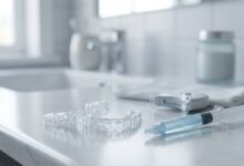 A photorealistic image of a pair of custom-fitted teeth whitening trays and a professional gel syringe on a clean, minimalist white surface, representing safe at-home dental treatments.