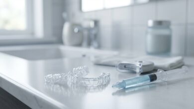 A photorealistic image of a pair of custom-fitted teeth whitening trays and a professional gel syringe on a clean, minimalist white surface, representing safe at-home dental treatments.