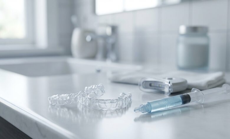 A photorealistic image of a pair of custom-fitted teeth whitening trays and a professional gel syringe on a clean, minimalist white surface, representing safe at-home dental treatments.