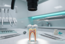 A close-up, photorealistic image of advanced dental instruments, possibly a rotary endodontic file or a dental microscope, positioned precisely over a stylized, transparent tooth model. The background is a softly blurred, sterile, high-tech dental operatory with professional lighting, emphasizing precision and modern dental care for root canal treatment. No text or visible branding.