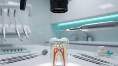 A close-up, photorealistic image of advanced dental instruments, possibly a rotary endodontic file or a dental microscope, positioned precisely over a stylized, transparent tooth model. The background is a softly blurred, sterile, high-tech dental operatory with professional lighting, emphasizing precision and modern dental care for root canal treatment. No text or visible branding.