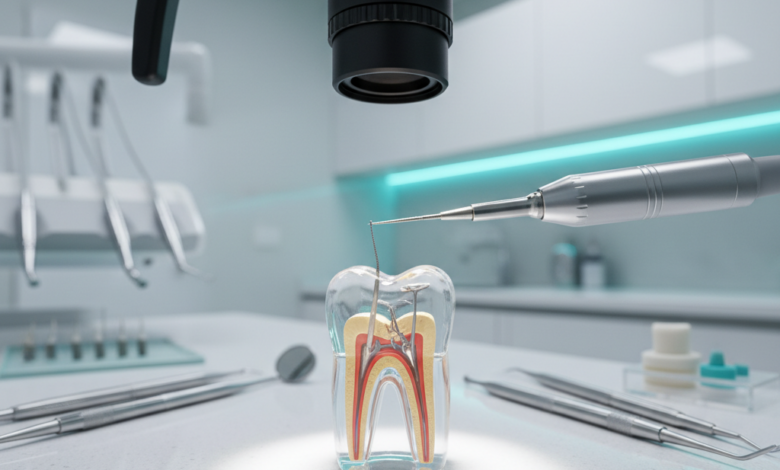 A close-up, photorealistic image of advanced dental instruments, possibly a rotary endodontic file or a dental microscope, positioned precisely over a stylized, transparent tooth model. The background is a softly blurred, sterile, high-tech dental operatory with professional lighting, emphasizing precision and modern dental care for root canal treatment. No text or visible branding.