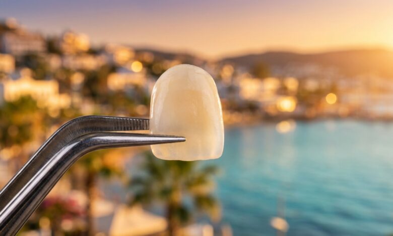 A close-up, photorealistic image of a perfect porcelain dental veneer held by professional tweezers, with the sunlit coast of Turkey beautifully blurred in the background.