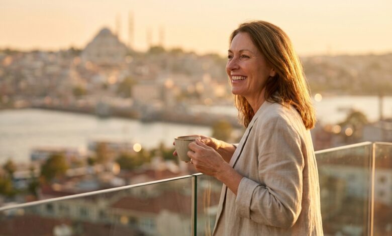 A happy British woman with a perfect smile enjoys the sunrise from a balcony with a blurred view of Istanbul, symbolizing the positive experience of dental tourism.