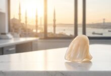 A photorealistic close-up of a perfect porcelain dental veneer on a clean surface, with the beautiful, sunlit skyline of Istanbul, Turkey, blurred softly in the background through a window.