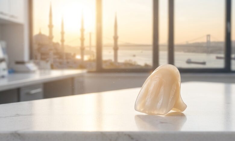 A photorealistic close-up of a perfect porcelain dental veneer on a clean surface, with the beautiful, sunlit skyline of Istanbul, Turkey, blurred softly in the background through a window.