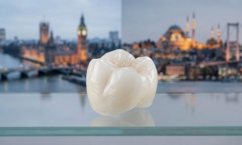A close-up, photorealistic image of a perfect white dental crown, centrally focused. The background is softly blurred and split, with a UK landmark on one side and a Turkish landmark on the other, symbolizing the concept of dental tourism between the two countries.