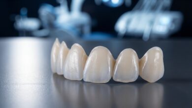 A close-up, photorealistic image showing several custom-made porcelain dental veneers resting on a dark surface in a clean, modern dental lab setting. The lighting emphasizes their realistic texture and translucency.