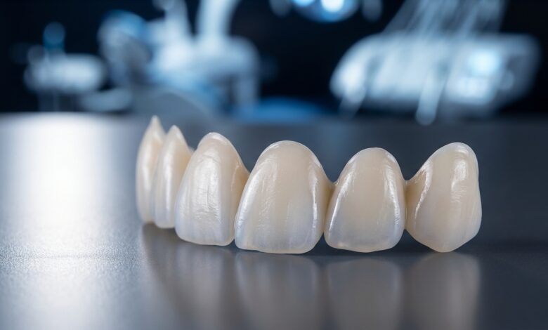 A close-up, photorealistic image showing several custom-made porcelain dental veneers resting on a dark surface in a clean, modern dental lab setting. The lighting emphasizes their realistic texture and translucency.