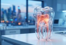 A photorealistic 3D model of a translucent tooth, with the inner nerve and pulp glowing red to symbolize a toothache, set within a modern dental clinic environment with a blurred city background.