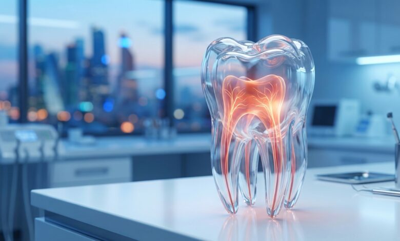 A photorealistic 3D model of a translucent tooth, with the inner nerve and pulp glowing red to symbolize a toothache, set within a modern dental clinic environment with a blurred city background.