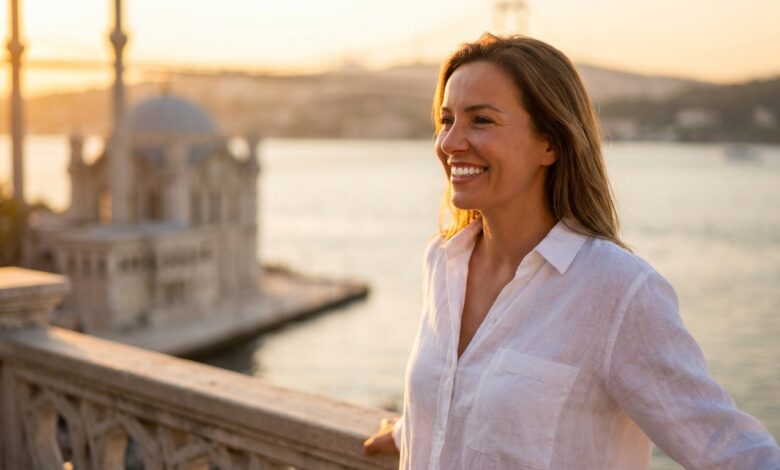 A close-up, photorealistic shot of a happy person with a brilliant white smile, with the sunny, blurred cityscape of Istanbul, Turkey in the background, symbolizing a successful dental tourism trip.