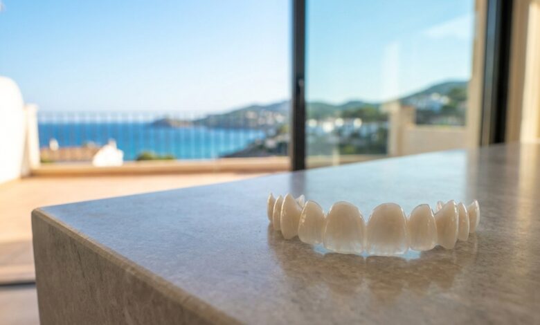 A close-up shot of flawless white dental veneers, with the beautiful, sunny, and blurred coastline of Turkey visible in the background, representing a dental holiday.