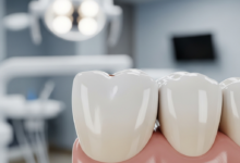 A close-up, photorealistic image of a single, healthy human tooth perfectly restored with a natural-looking dental crown, seamlessly blending into the gum line. The background is a soft, out-of-focus blur of a clean, modern dental clinic, emphasizing the professional context. No text is visible.