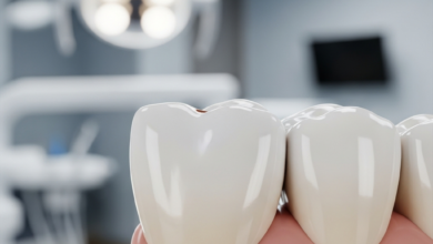 A close-up, photorealistic image of a single, healthy human tooth perfectly restored with a natural-looking dental crown, seamlessly blending into the gum line. The background is a soft, out-of-focus blur of a clean, modern dental clinic, emphasizing the professional context. No text is visible.