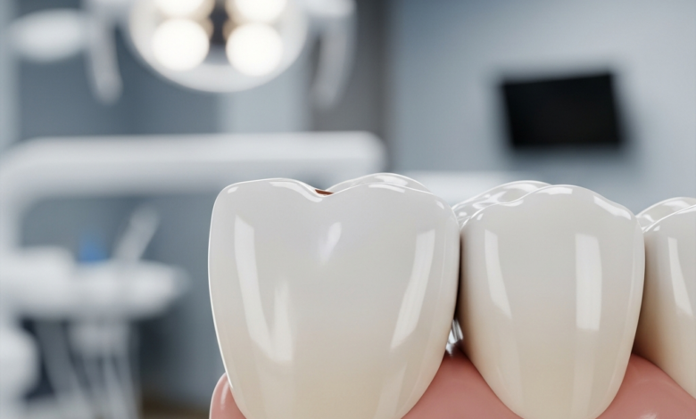 A close-up, photorealistic image of a single, healthy human tooth perfectly restored with a natural-looking dental crown, seamlessly blending into the gum line. The background is a soft, out-of-focus blur of a clean, modern dental clinic, emphasizing the professional context. No text is visible.
