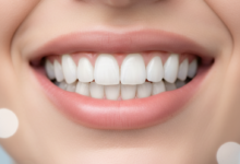 Close-up of a perfectly bright and healthy human smile with porcelain veneers, set against a softly blurred modern dental clinic background, conveying professionalism and aesthetic transformation.