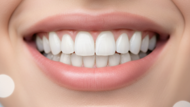 Close-up of a perfectly bright and healthy human smile with porcelain veneers, set against a softly blurred modern dental clinic background, conveying professionalism and aesthetic transformation.