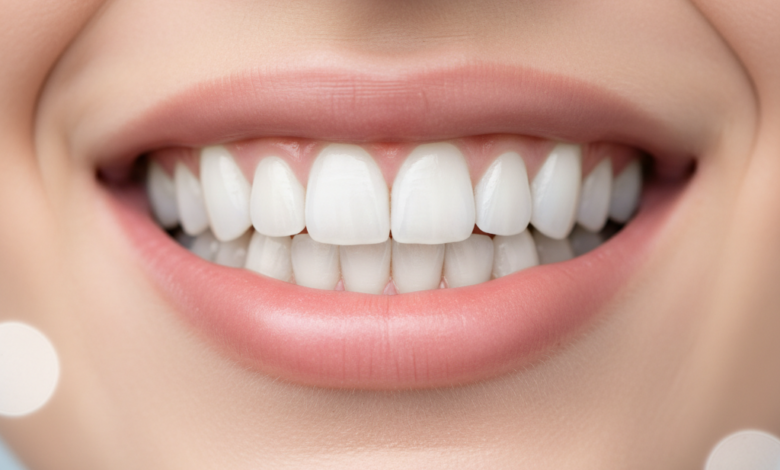 Close-up of a perfectly bright and healthy human smile with porcelain veneers, set against a softly blurred modern dental clinic background, conveying professionalism and aesthetic transformation.