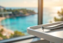 A photorealistic close-up of a sterile dental instrument on a tray, with a beautifully blurred background showing a sunny Turkish beach and turquoise sea, representing a dental holiday in Turkey.