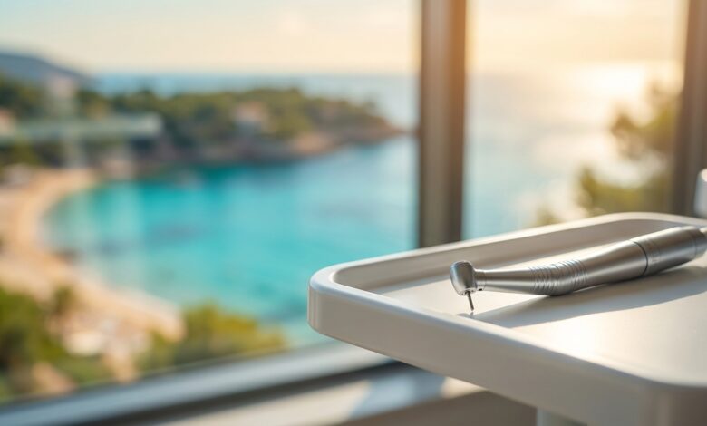 A photorealistic close-up of a sterile dental instrument on a tray, with a beautifully blurred background showing a sunny Turkish beach and turquoise sea, representing a dental holiday in Turkey.